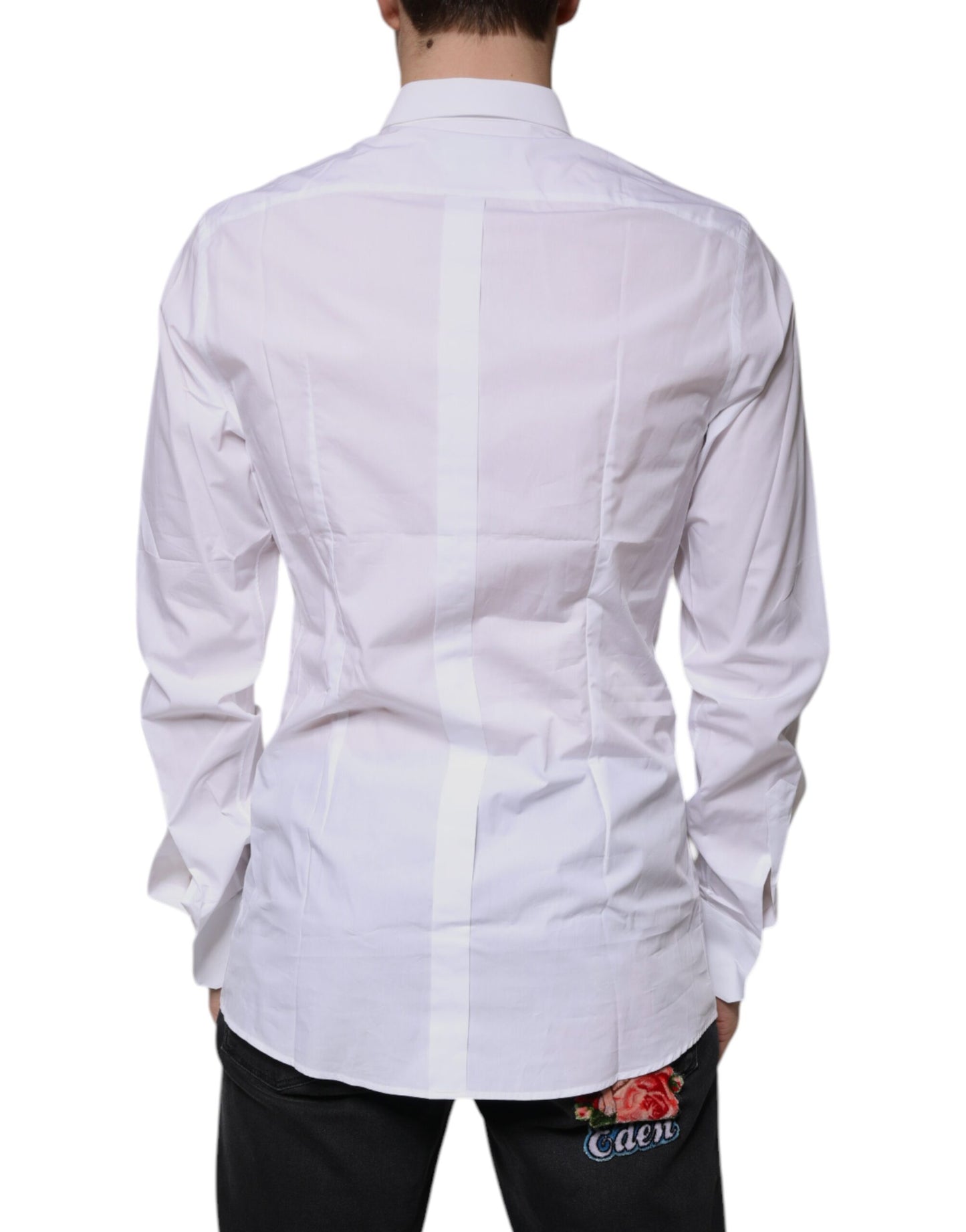 Camisa de vestir formal de algodón blanco con logotipo dorado para hombre