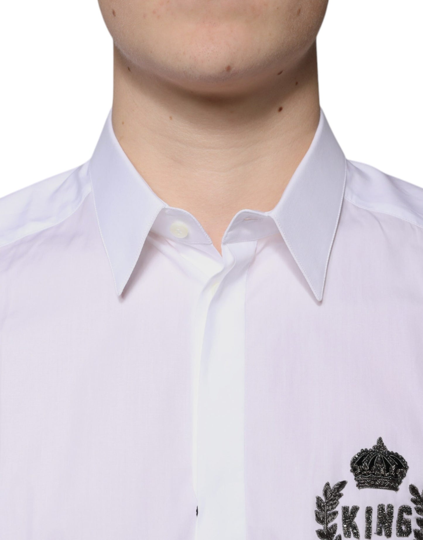 Camisa de vestir formal de algodón blanco con logotipo dorado para hombre