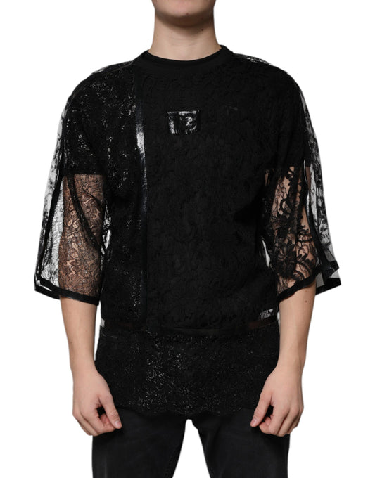 Camiseta de cuello redondo con encaje floral de nailon negro
