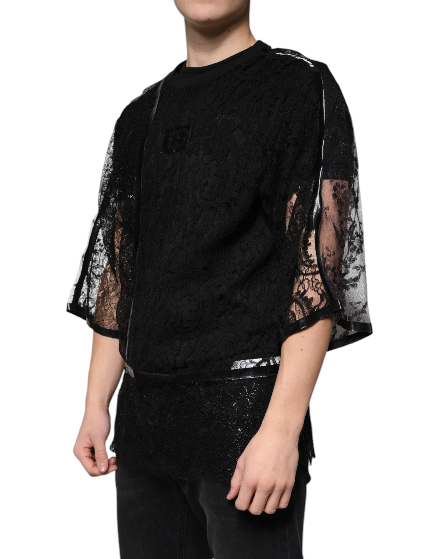 Camiseta de cuello redondo con encaje floral de nailon negro