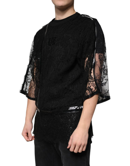 Camiseta de cuello redondo con encaje floral de nailon negro