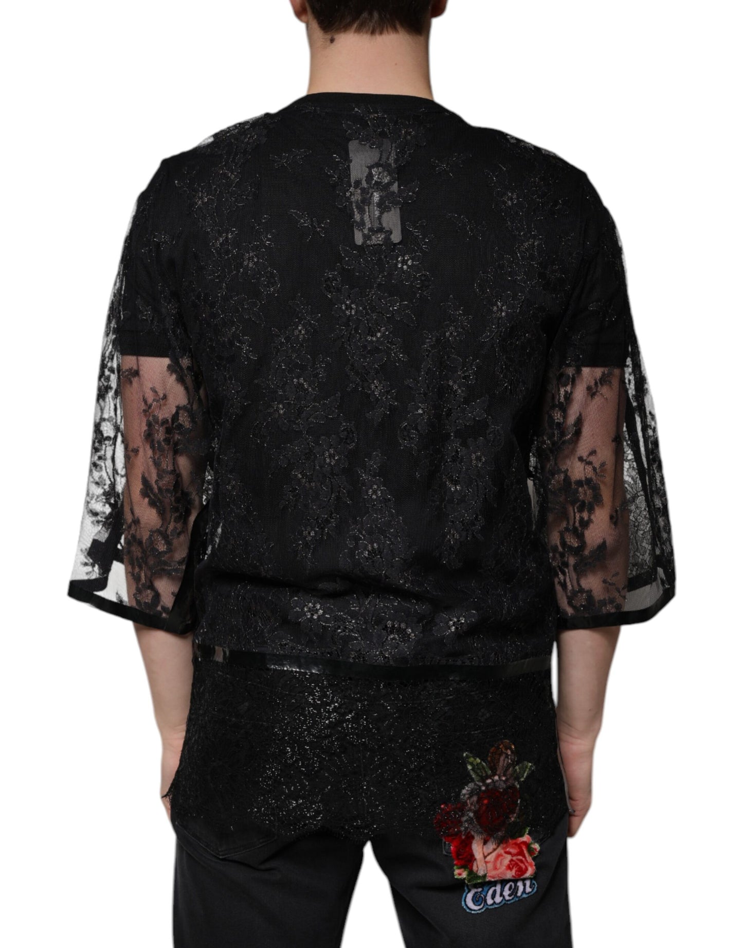 Camiseta de cuello redondo con encaje floral de nailon negro