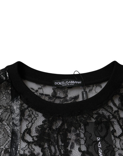 Camiseta de cuello redondo con encaje floral de nailon negro