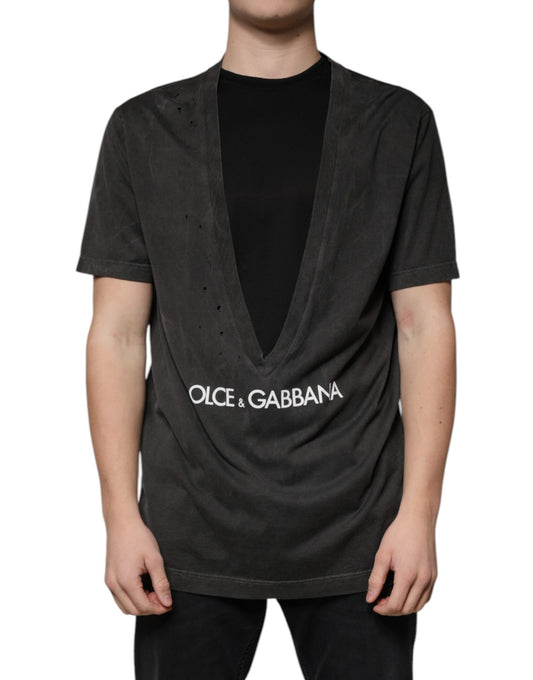 Camiseta negra de algodón con cuello redondo y manga corta