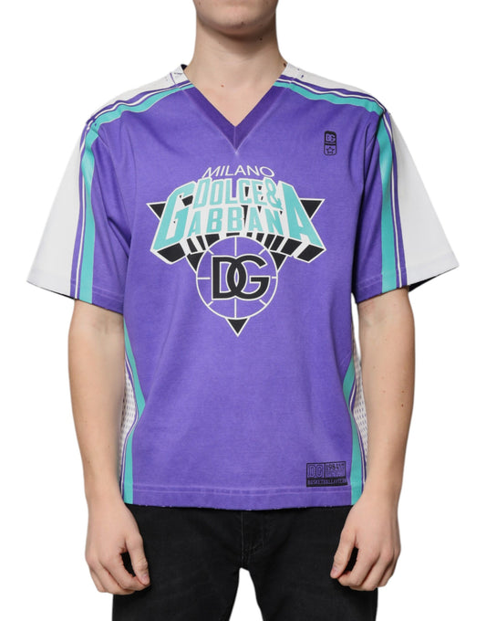 Camiseta de algodón con cuello en V y logo morado