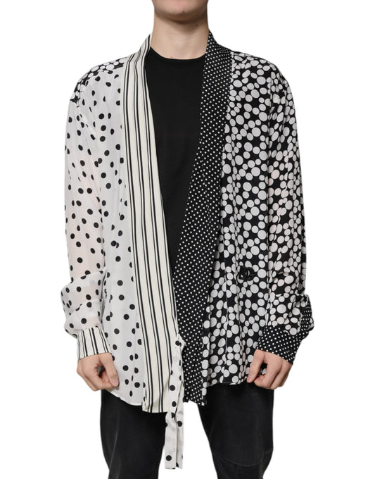 Camisa casual de seda con lunares blancos y negros para hombre