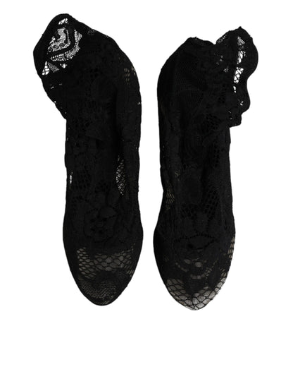Botas de media pantorrilla con tacones elásticos y encaje negro