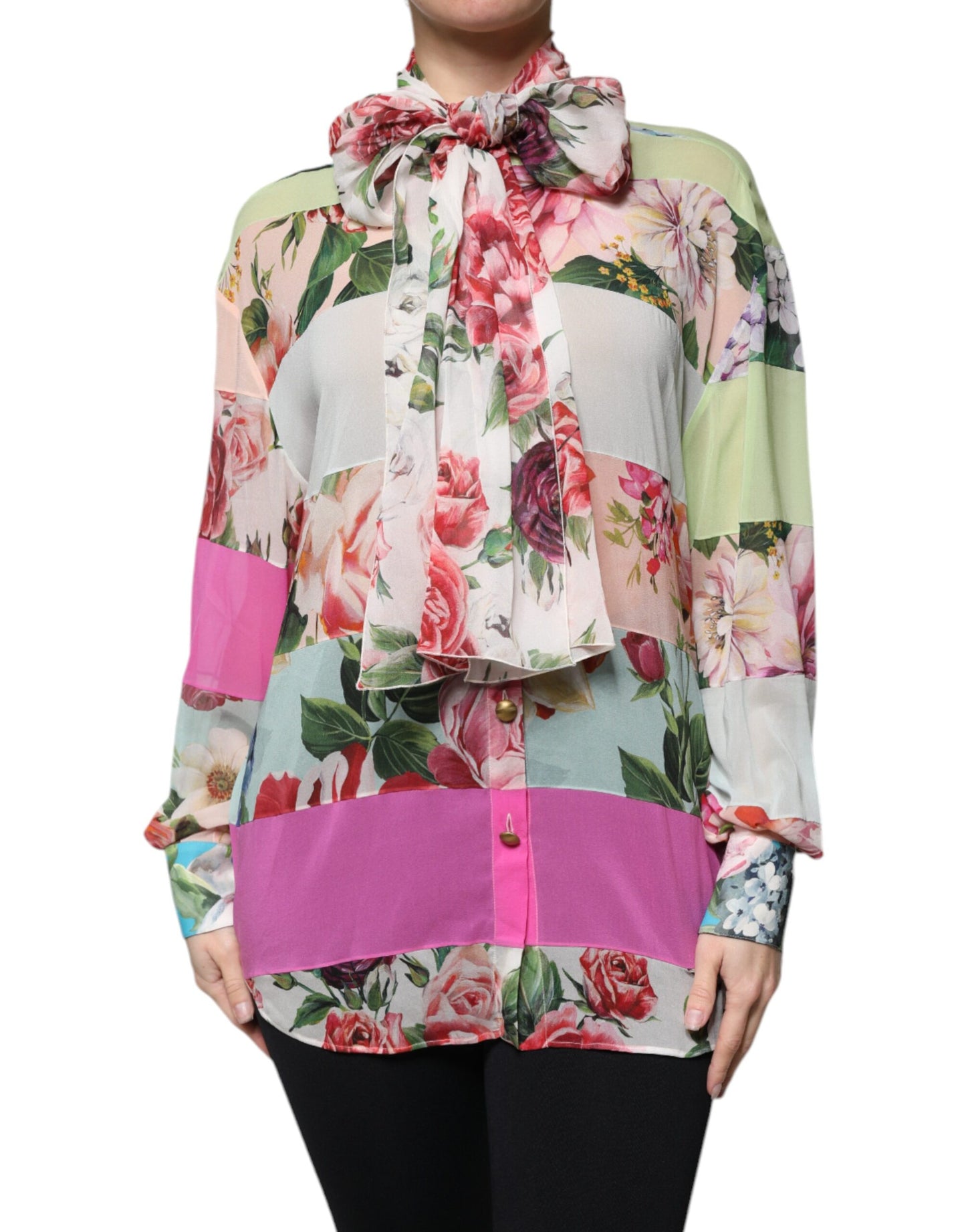 Top con cuello Ascot y patchwork floral multicolor