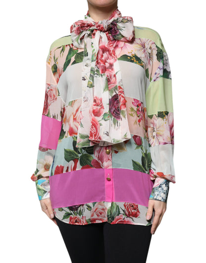 Top con cuello Ascot y patchwork floral multicolor