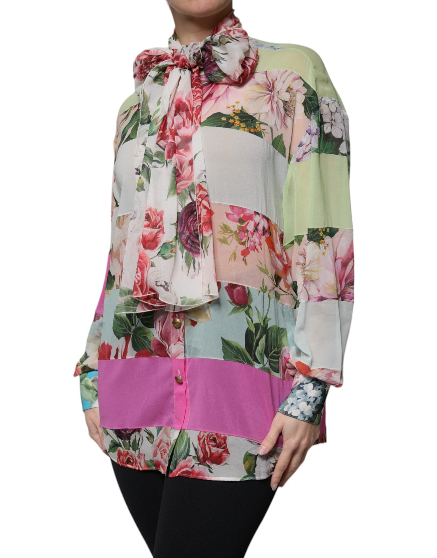 Top con cuello Ascot y patchwork floral multicolor