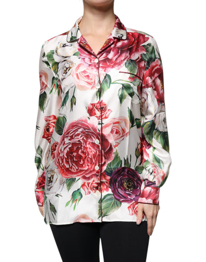 Blusa de seda blanca de peonía con mangas largas y cuello