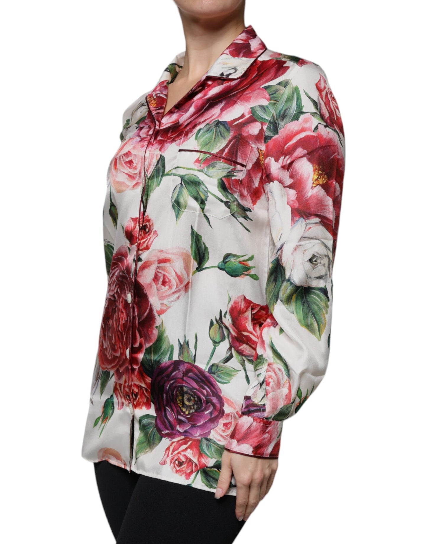 Blusa de seda blanca de peonía con mangas largas y cuello