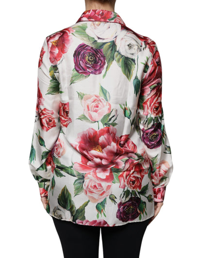 Blusa de seda blanca de peonía con mangas largas y cuello
