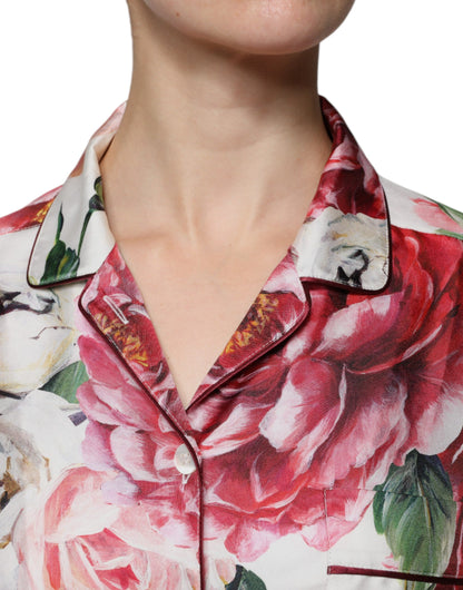 Blusa de seda blanca de peonía con mangas largas y cuello