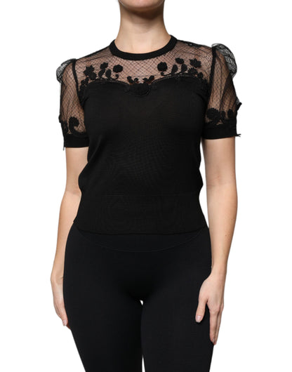 Blusa de manga corta con encaje floral negro