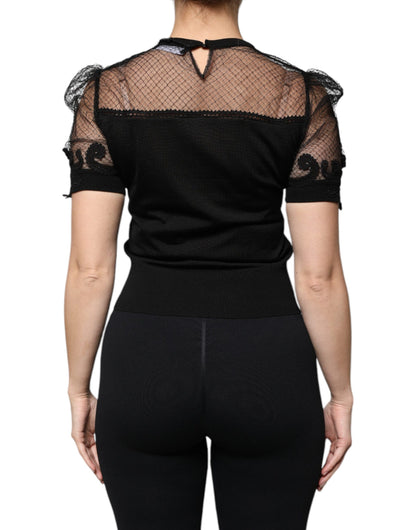Blusa de manga corta con encaje floral negro