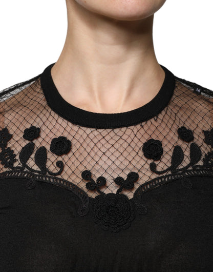 Blusa de manga corta con encaje floral negro