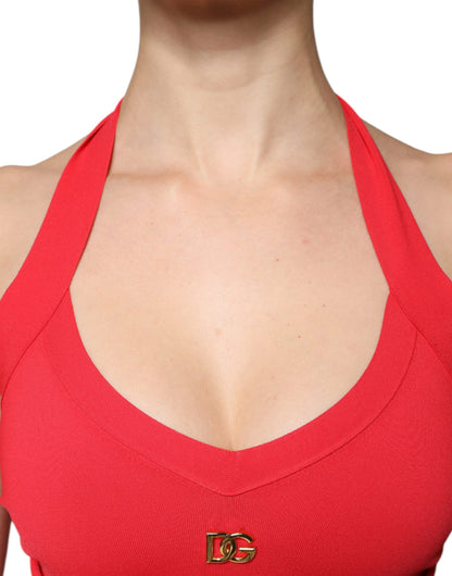 Top corto sin mangas de viscosa roja con cuello halter