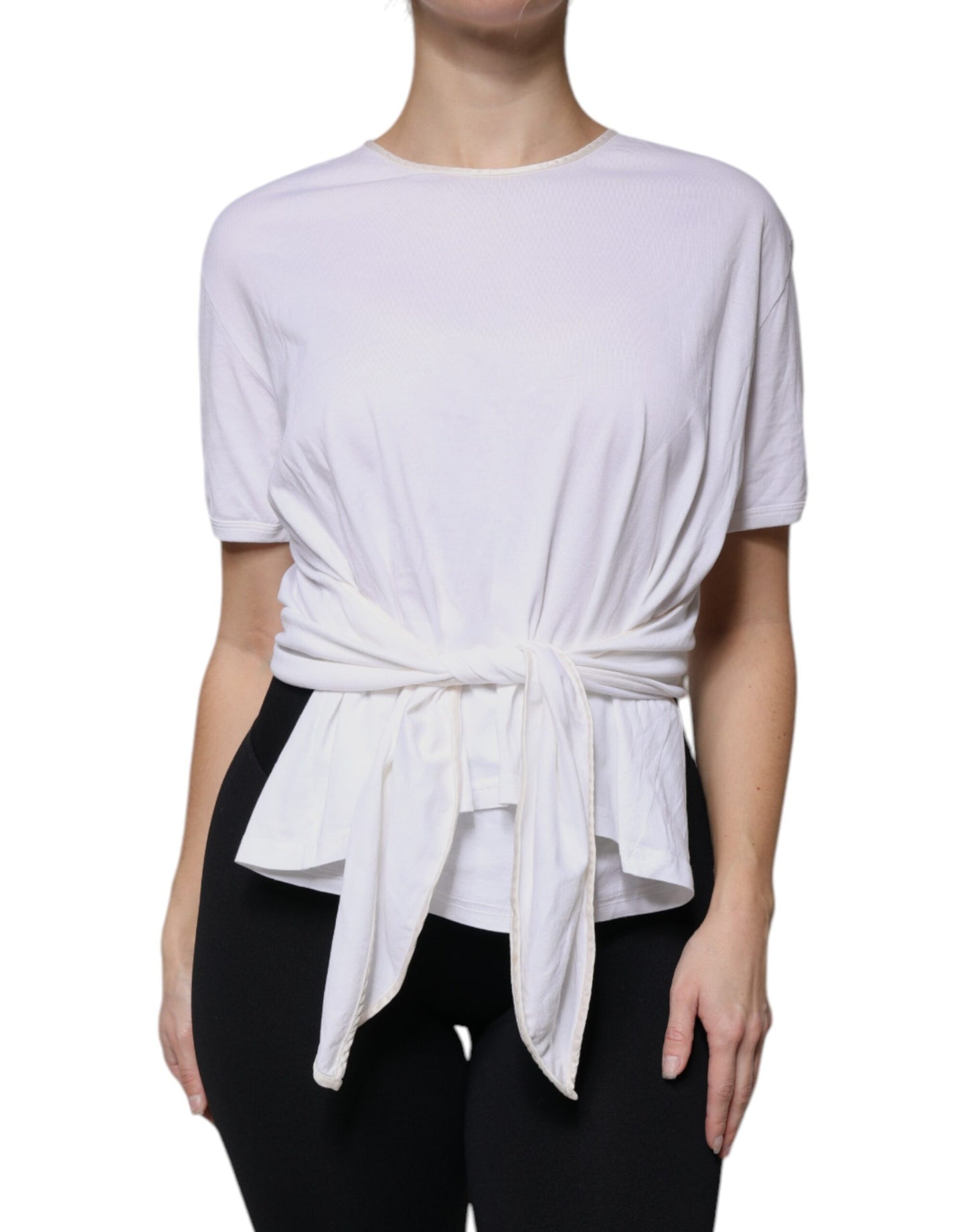 Blusa cruzada de cuello redondo de seda y algodón blanco