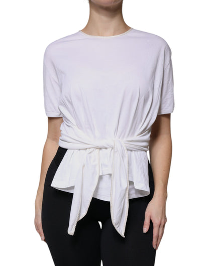 Blusa cruzada de cuello redondo de seda y algodón blanco