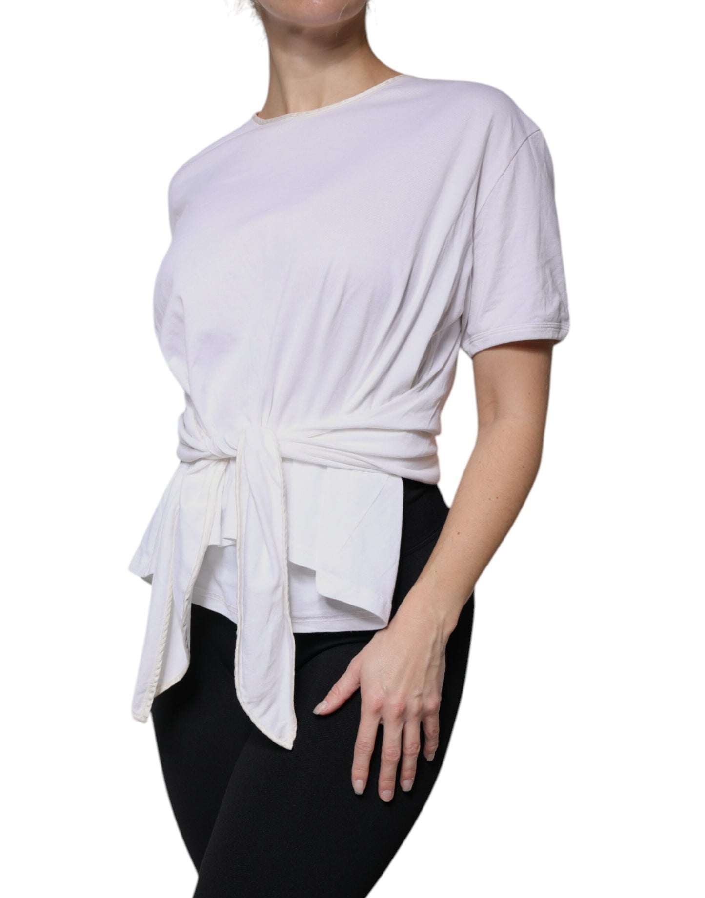 Blusa cruzada de cuello redondo de seda y algodón blanco