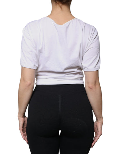 Blusa cruzada de cuello redondo de seda y algodón blanco