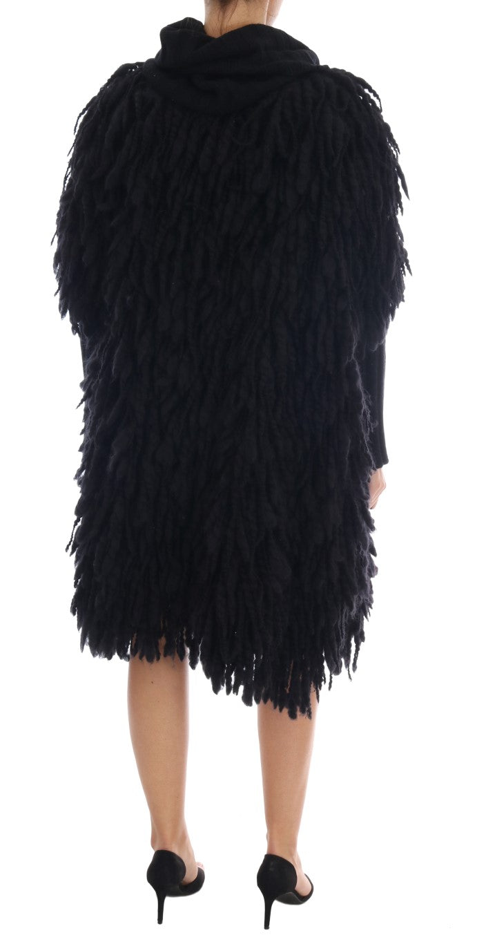 Elegante suéter negro de lana y cachemira con flecos