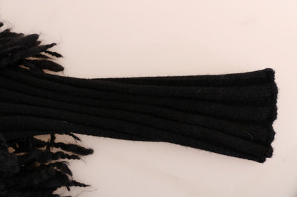 Elegante suéter negro de lana y cachemira con flecos