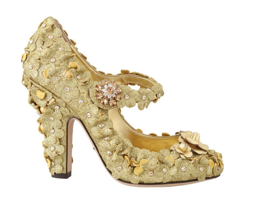 Zapatos de tacón con cristales y flores doradas