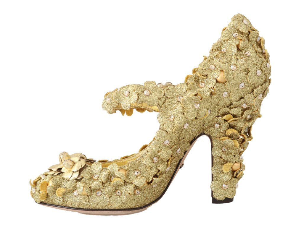 Zapatos de tacón con cristales y flores doradas