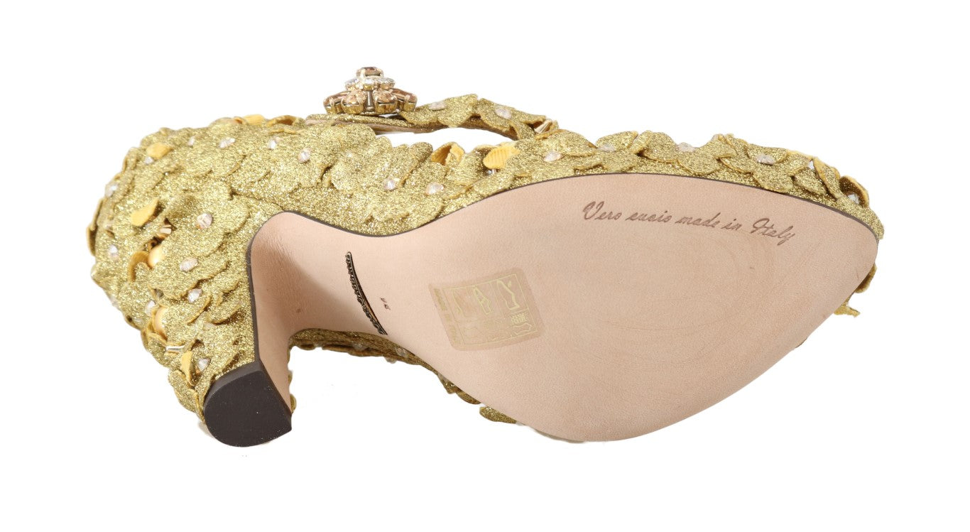 Zapatos de tacón con cristales y flores doradas