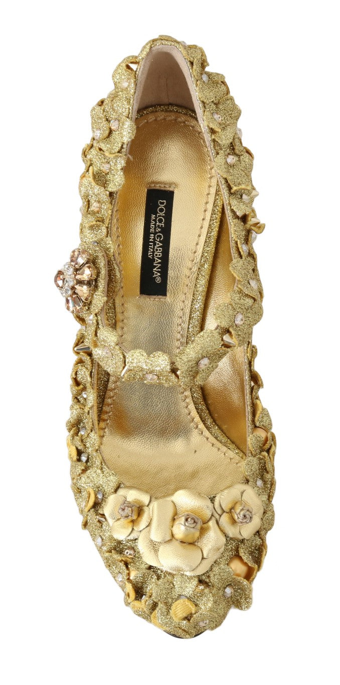 Zapatos de tacón con cristales y flores doradas