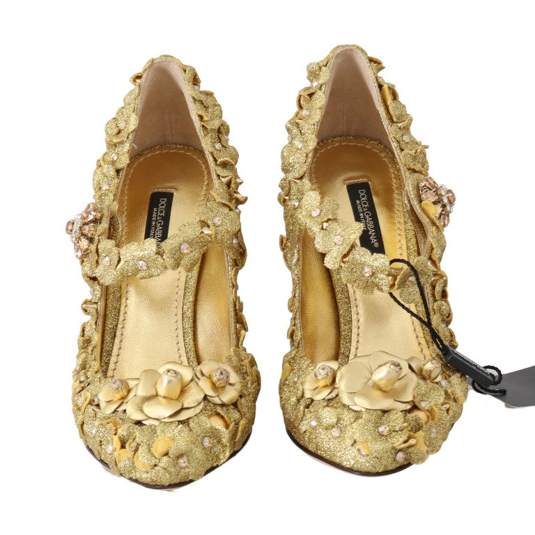 Zapatos de tacón con cristales y flores doradas