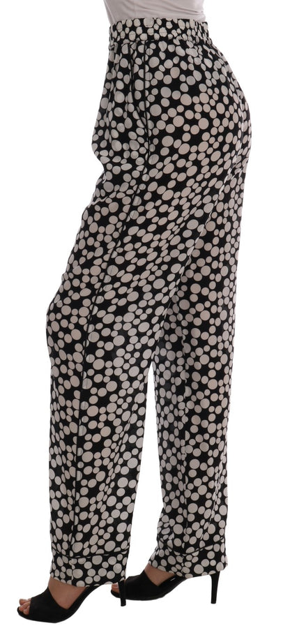 Elegantes pantalones de seda con lunares y cintura alta