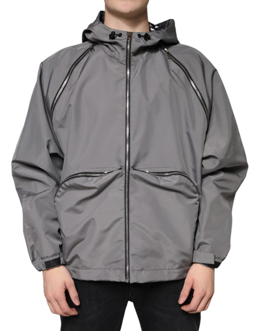 Chaqueta con capucha y cremallera completa de poliéster gris para hombre
