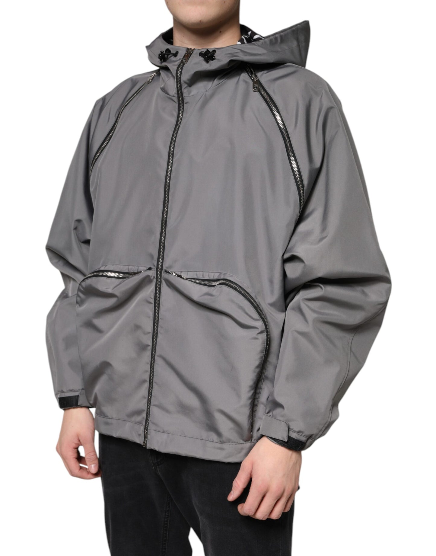 Chaqueta con capucha y cremallera completa de poliéster gris para hombre