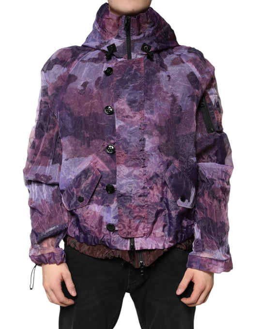 Chaqueta tipo blusón con capucha y estampado de camuflaje morado para hombre
