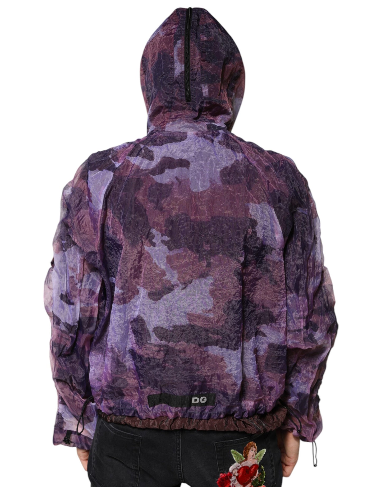 Chaqueta tipo blusón con capucha y estampado de camuflaje morado para hombre