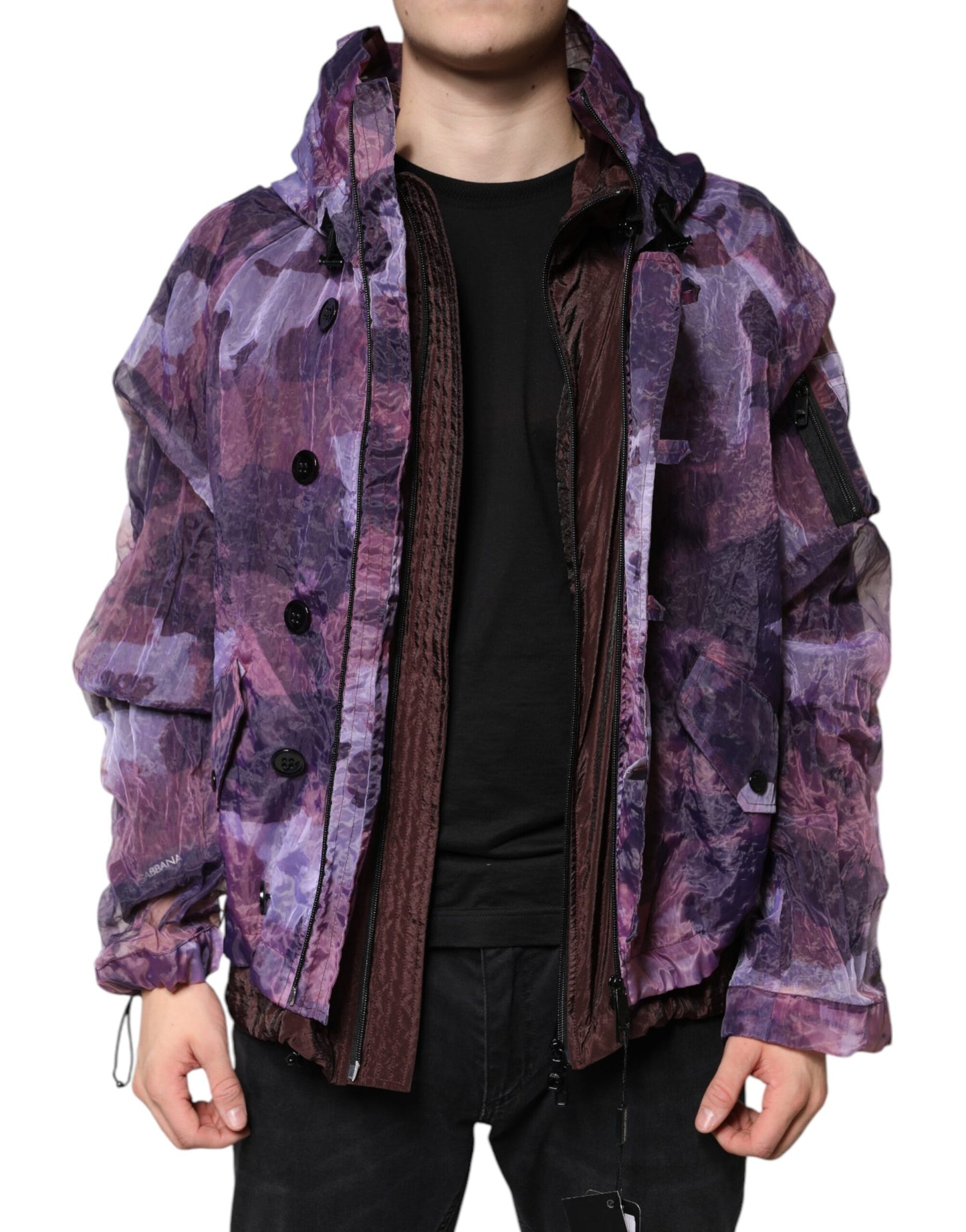 Chaqueta tipo blusón con capucha y estampado de camuflaje morado para hombre