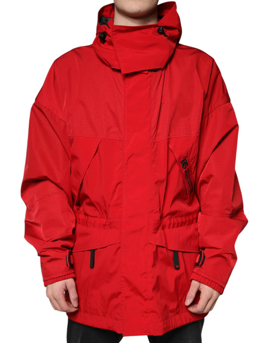 Chaqueta parka con capucha y cremallera completa de nailon rojo para hombre