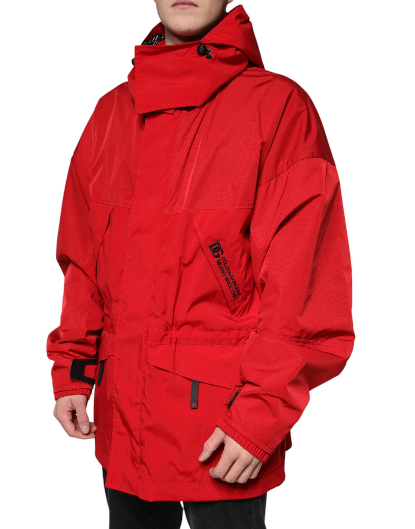 Chaqueta parka con capucha y cremallera completa de nailon rojo para hombre
