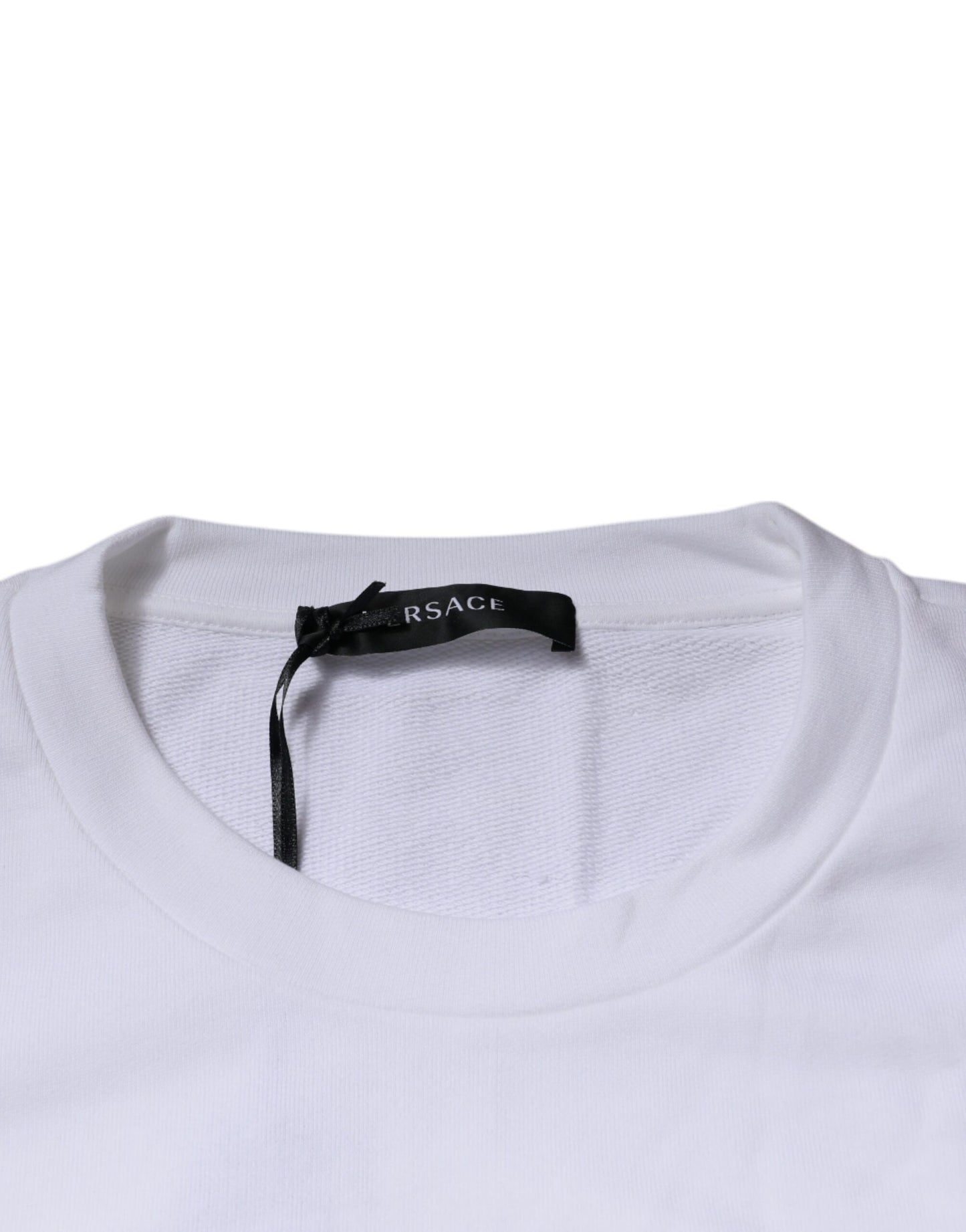 Suéter blanco de cuello redondo con bordado de Medusa