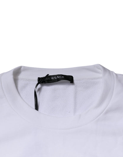 Suéter blanco de cuello redondo con bordado de Medusa