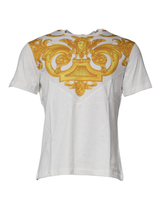 Camiseta blanca de algodón con cuello redondo y estampado de Medusa