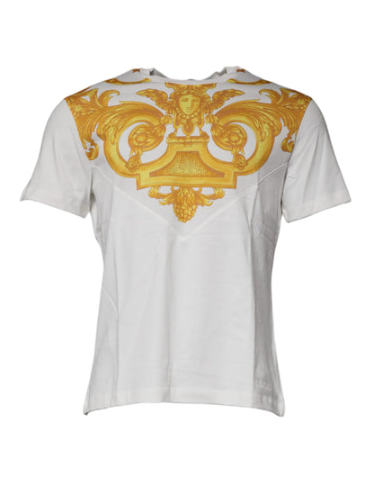 Camiseta blanca de algodón con cuello redondo y estampado de Medusa