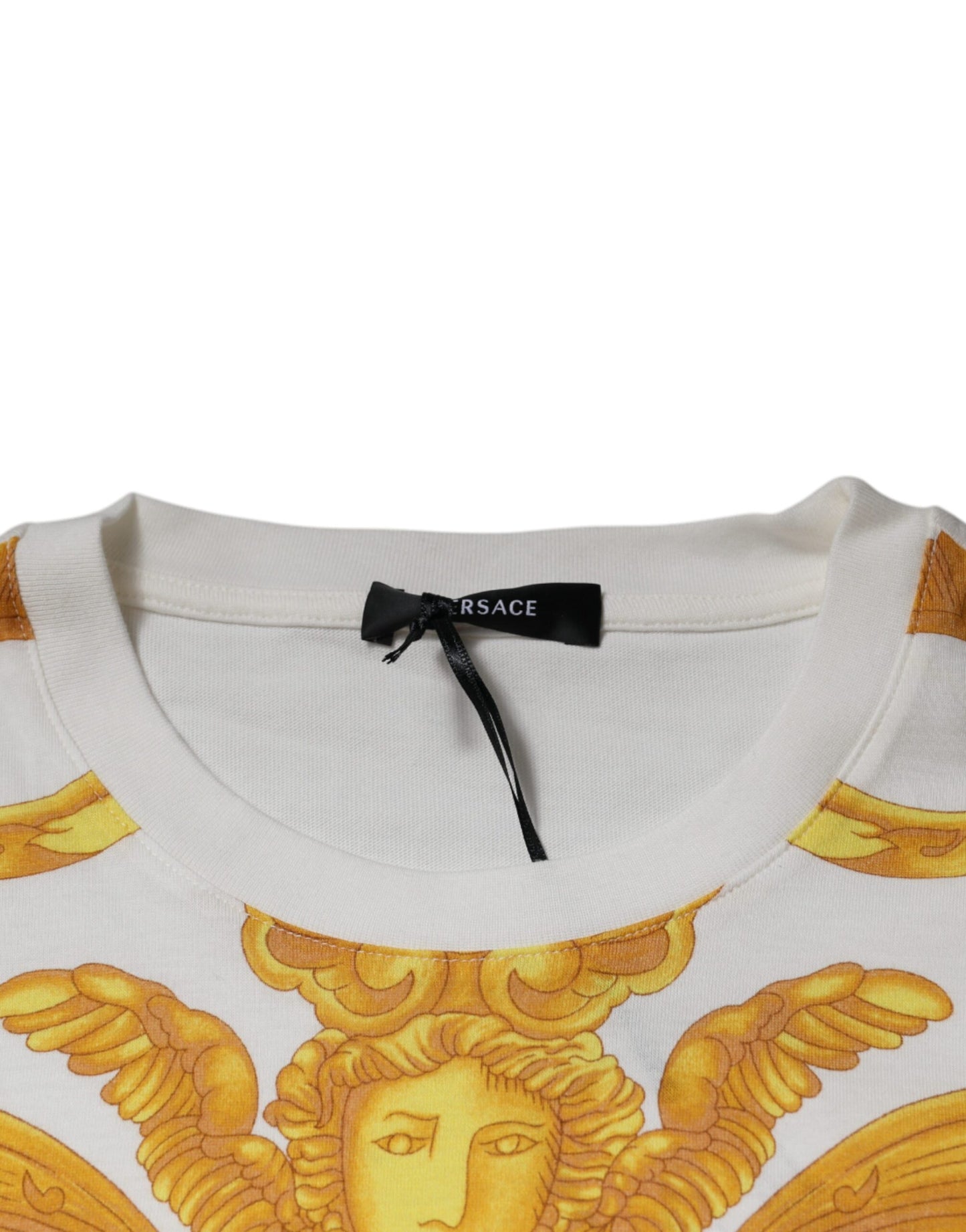 Camiseta blanca de algodón con cuello redondo y estampado de Medusa