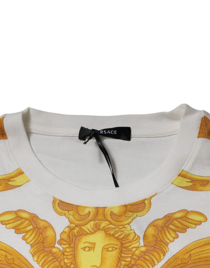 Camiseta blanca de algodón con cuello redondo y estampado de Medusa