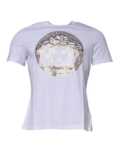 Camiseta blanca de algodón con cuello redondo y estampado de Medusa