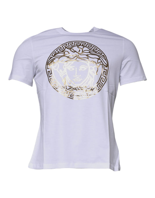 Camiseta blanca de algodón con cuello redondo y estampado de Medusa