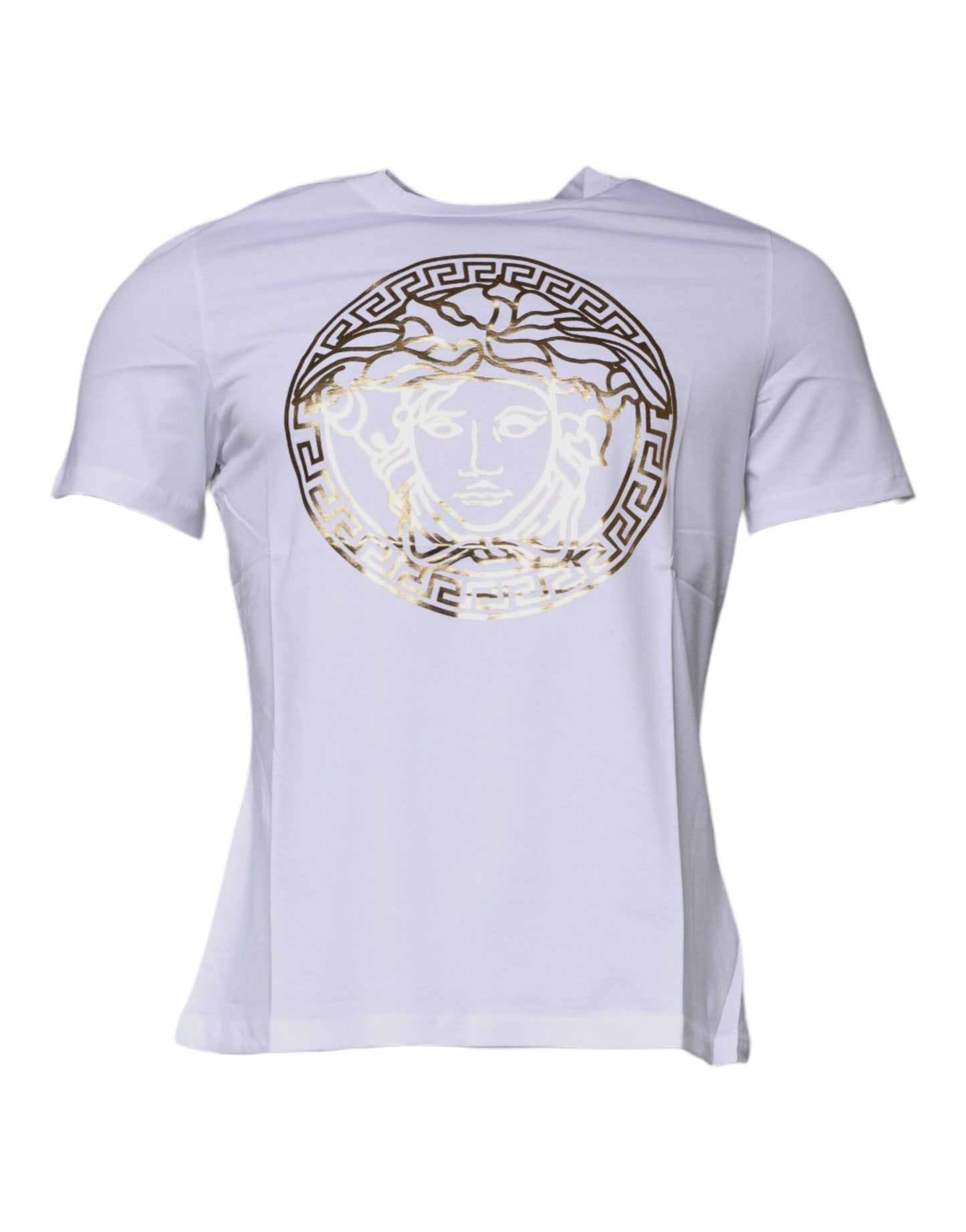 Camiseta blanca de algodón con cuello redondo y estampado de Medusa